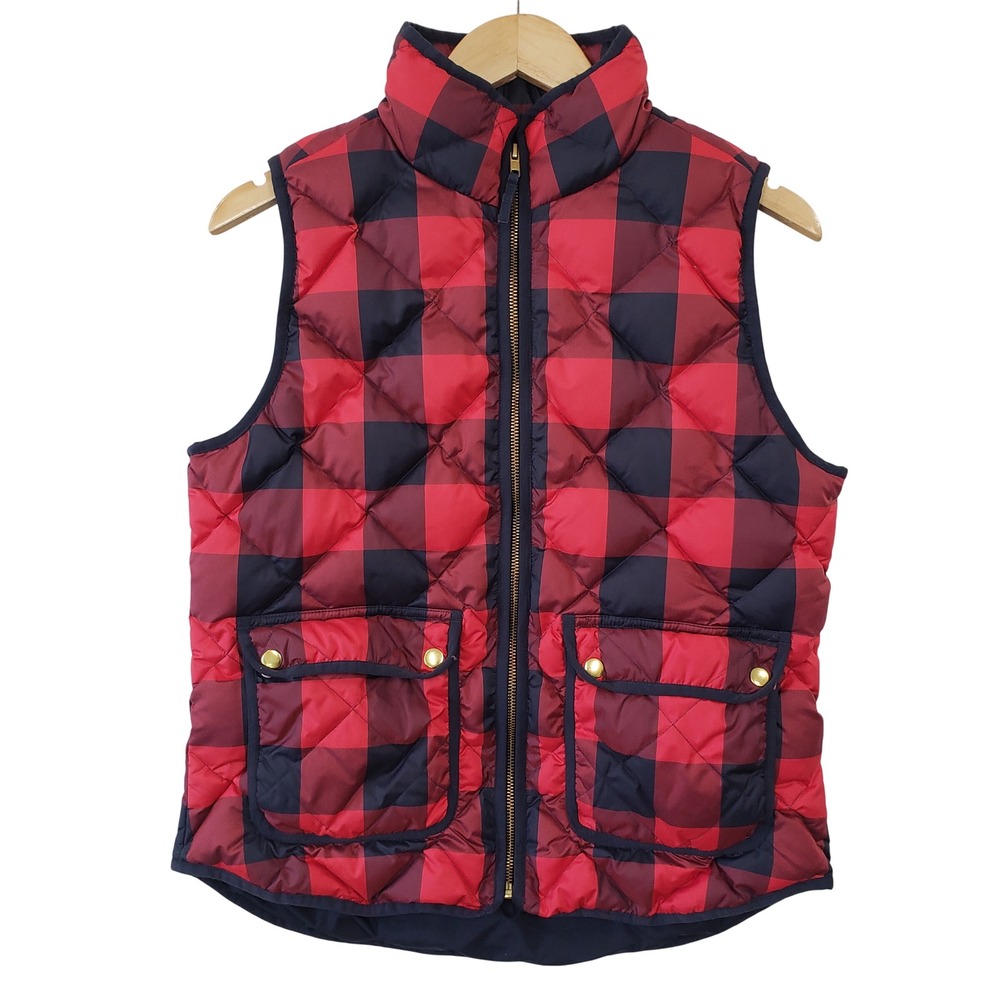 J Crew Quilted Puffer Vest Womens Medium Red Buffalo Check Plaid Preppy Outdoor